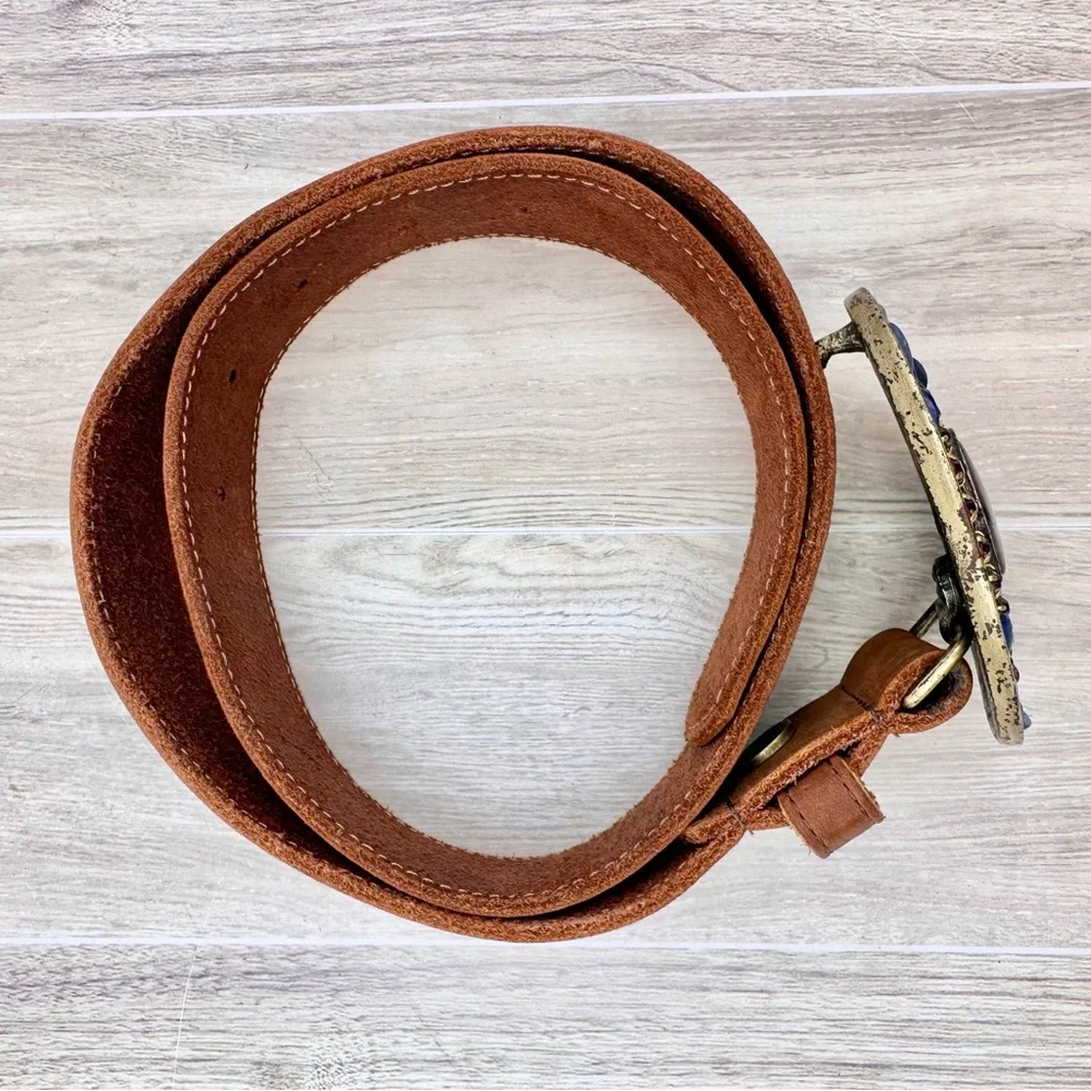 Leatherock Brown Leather Belt w/ Beautiful Stone Embellished Buckle XS 28”-32”